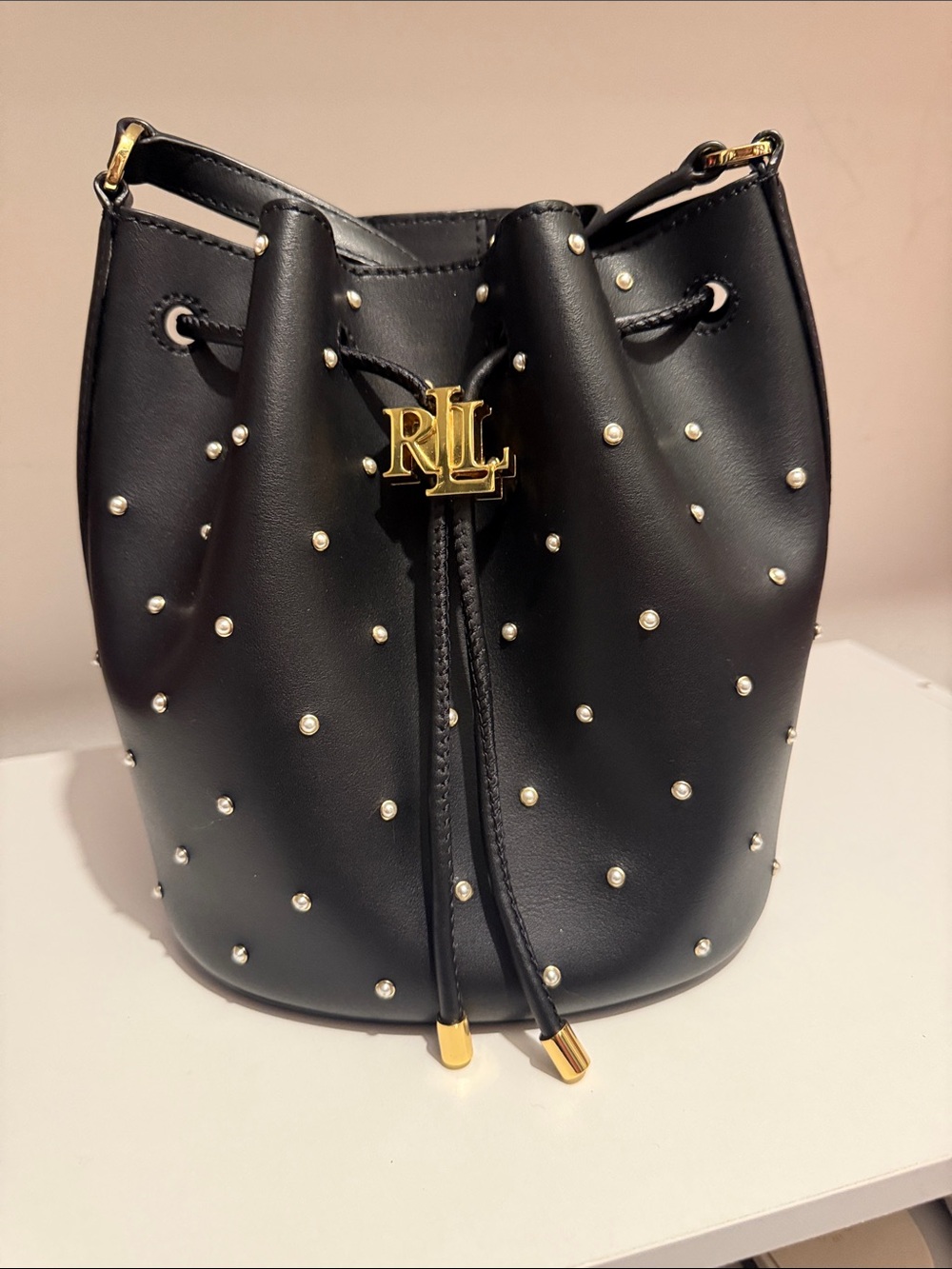 Ralph Lauren Black Pearl-Stud Drawstring Bucket Bag